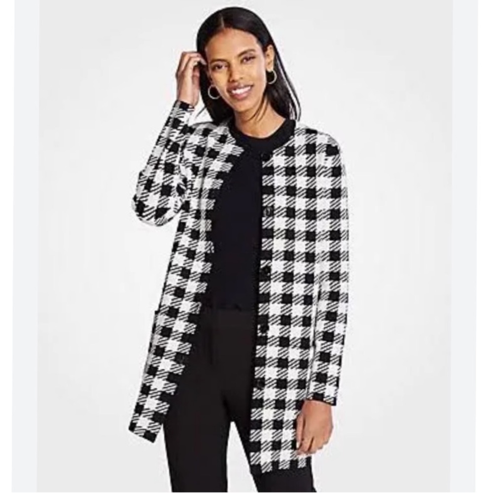 Ann Taylor Black & White Checked Knit Button Front Coat w Round Neckline S NWOT